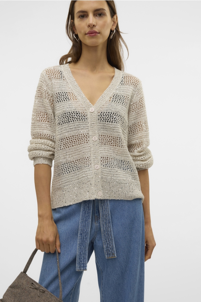 VMLEILANI STRIPE LS V-NECK CARDIGAN 10327775 Birch/W. SILVER